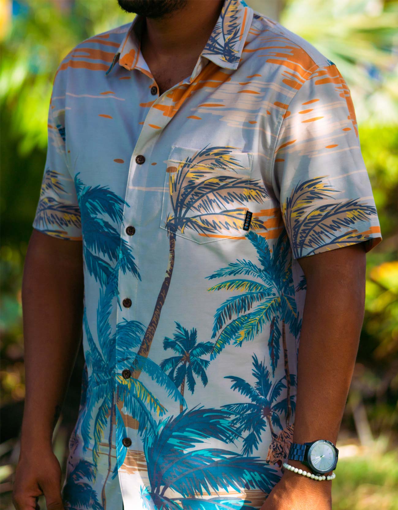 Baja Llama tan tropical jungle tiger print Recycled Poly stretch short sleeve button up shirt