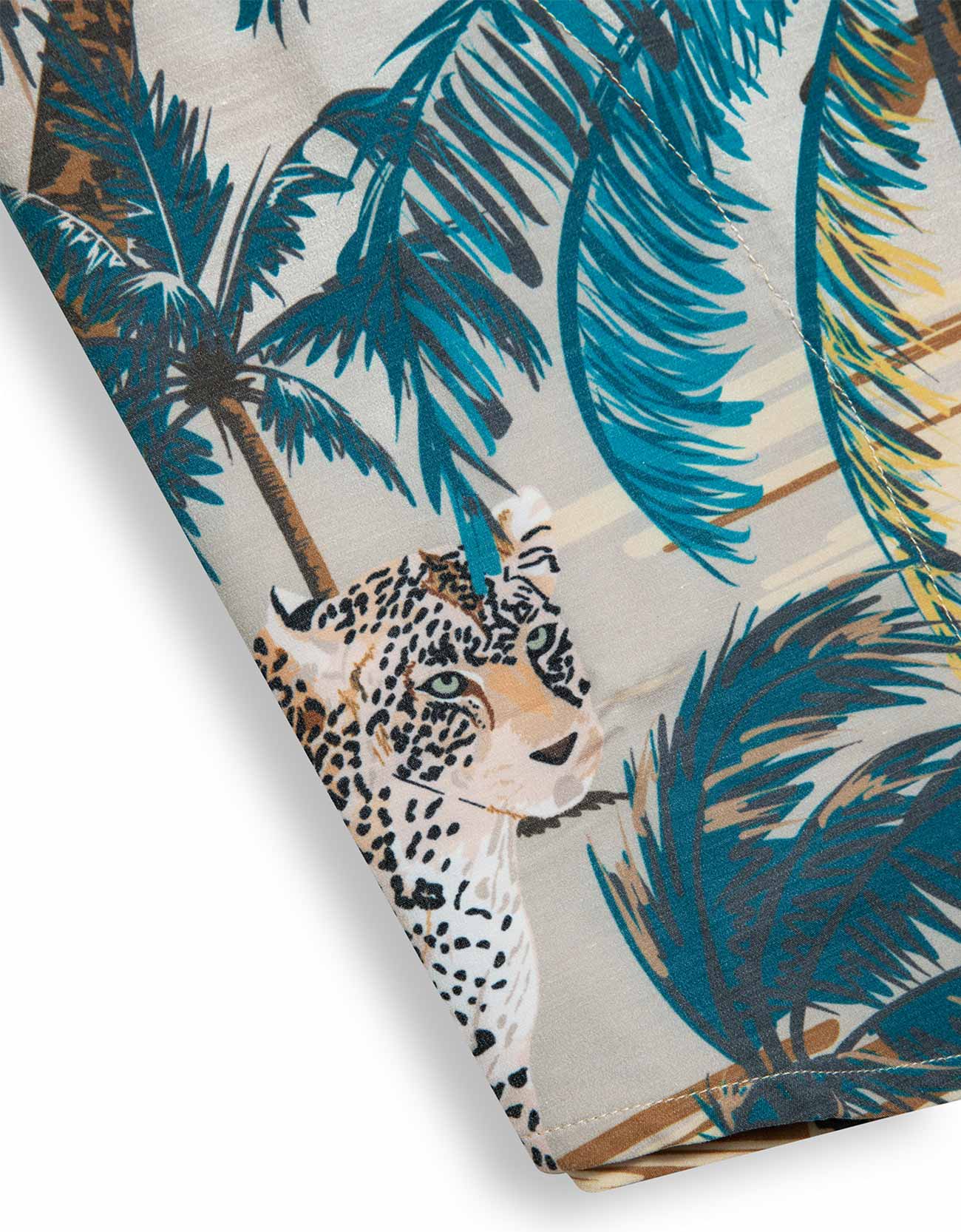 Baja Llama tan tropical jungle tiger print Recycled Poly stretch short sleeve button up shirt