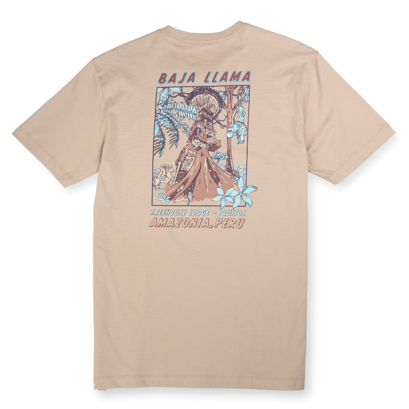 Baja Llama tan graphic tee with Peruvian Amazon treehouse print in brown and turquoise
