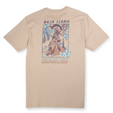 Baja Llama tan graphic tee with Peruvian Amazon treehouse print in brown and turquoise