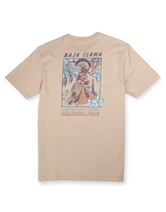 Baja Llama tan graphic tee with Peruvian Amazon treehouse print in brown and turquoise