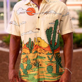 Cream short sleeve button up shirt featuring desert landscape and cactus print