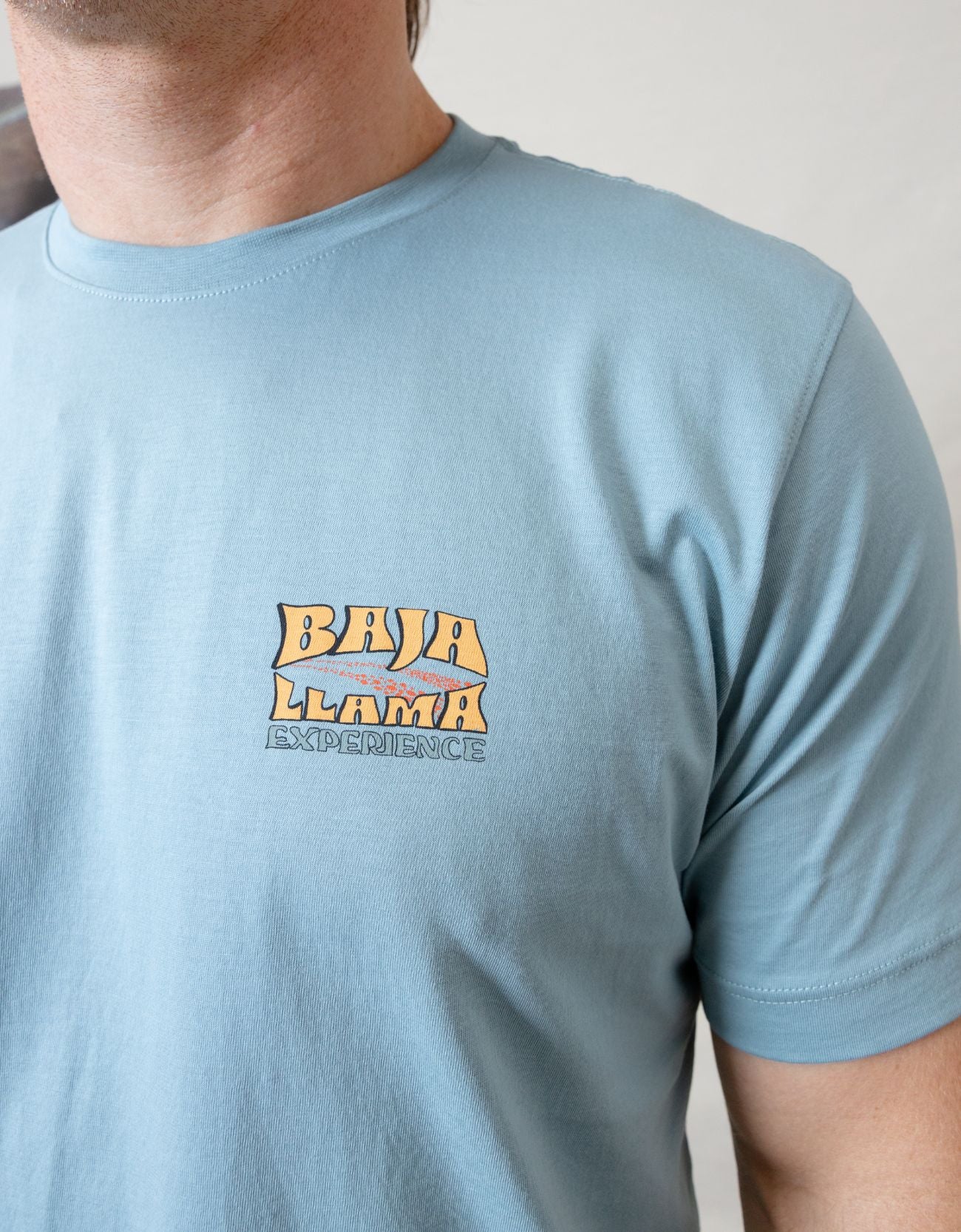 Bus Experience graphic tee by Baja Llama. Light teal tee with a retro bus design. Soft fabric and relaxed fit, perfect for laid-back, adventurous style.