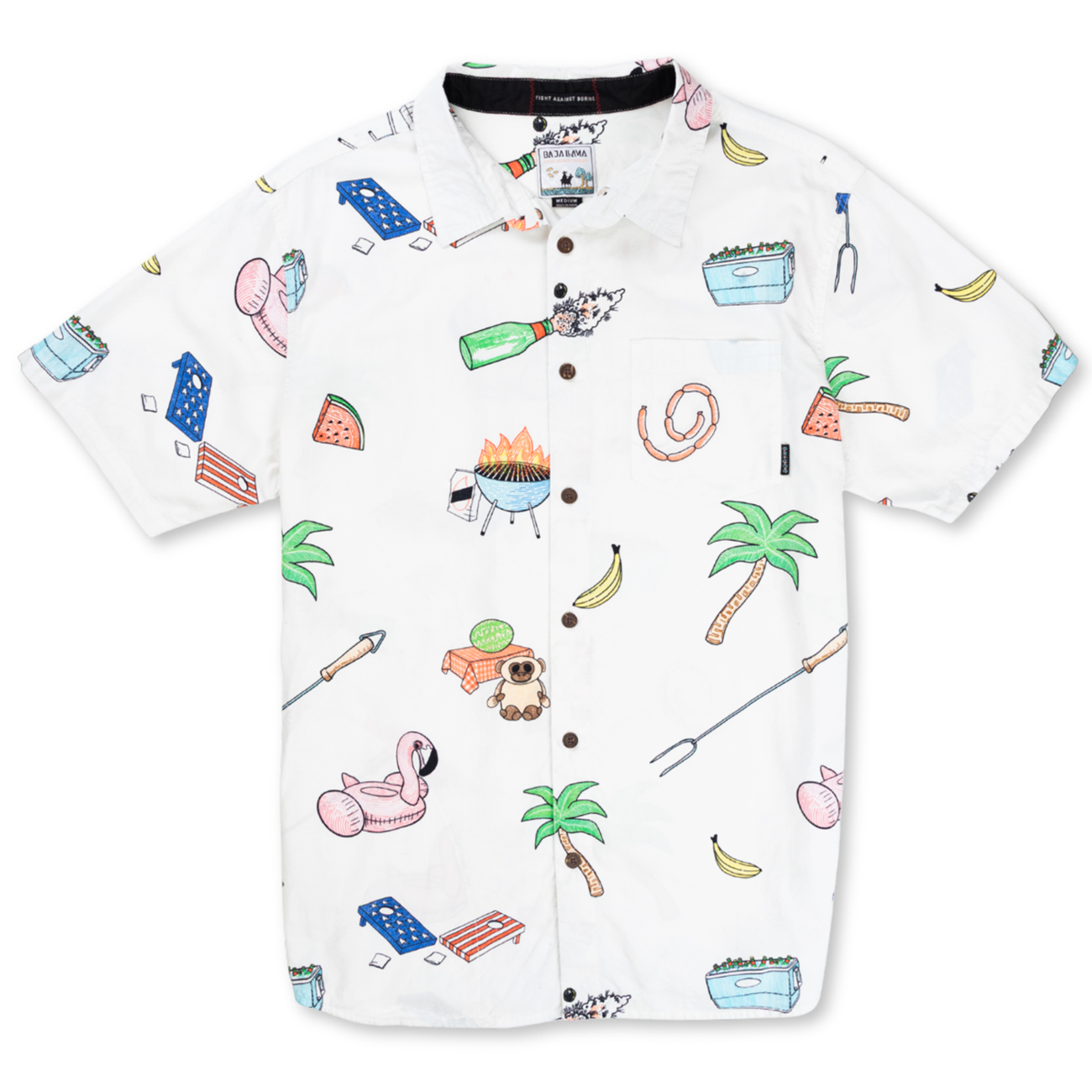 Baja Llama The BBQ Shirt, a white relaxed-fit, short-sleeve button-up with a whimsical barbecue-themed print.