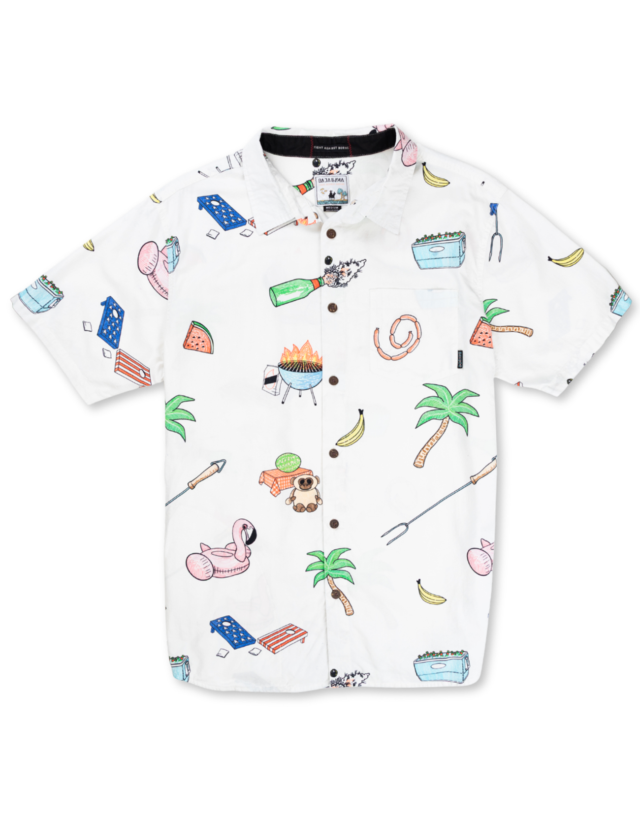 Baja Llama The BBQ Shirt, a white relaxed-fit, short-sleeve button-up with a whimsical barbecue-themed print.
