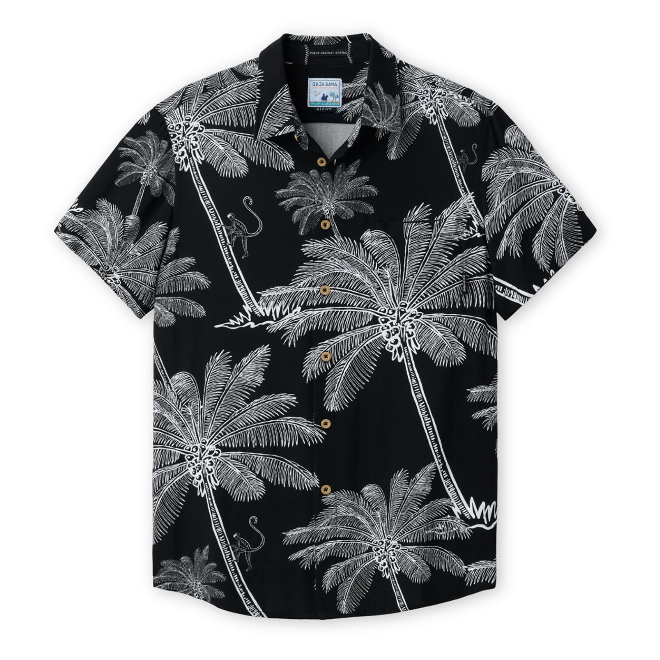Front view of THE CANOPIES ARE ALIVE - NIGHTHAWK™ RELAXED FIT BUTTON UP from Baja Llama, a black short-sleeve shirt featuring an intricate white hand-drawn print of palm trees and monkeys.