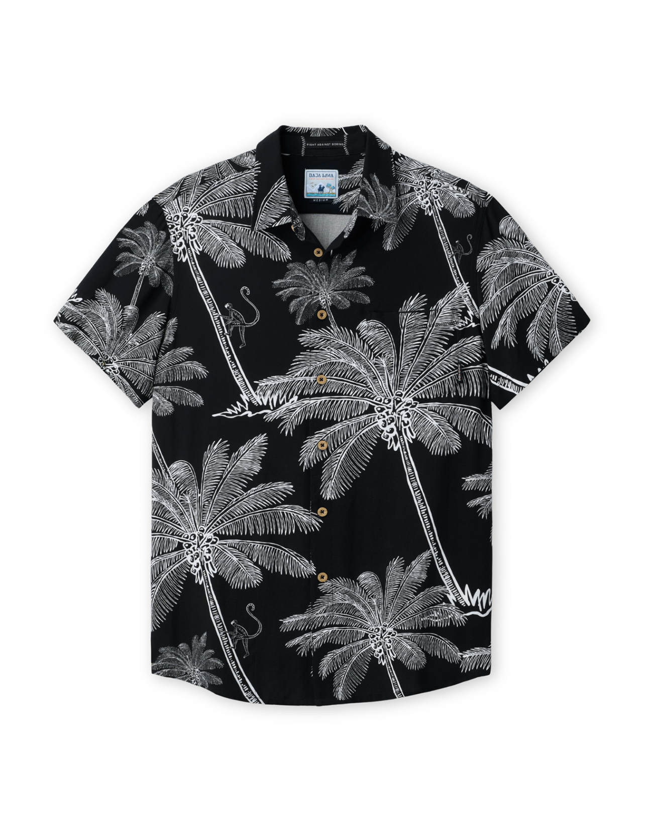 Front view of THE CANOPIES ARE ALIVE - NIGHTHAWK™ RELAXED FIT BUTTON UP from Baja Llama, a black short-sleeve shirt featuring an intricate white hand-drawn print of palm trees and monkeys.