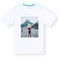 Front flat-lay view of the Baja Llama The Girl In Ipanema Primo Graphic Tee, featuring a white short-sleeve t-shirt with a large rectangular photographic print on the center chest depicting a woman in a swimsuit near Ipanema Beach.