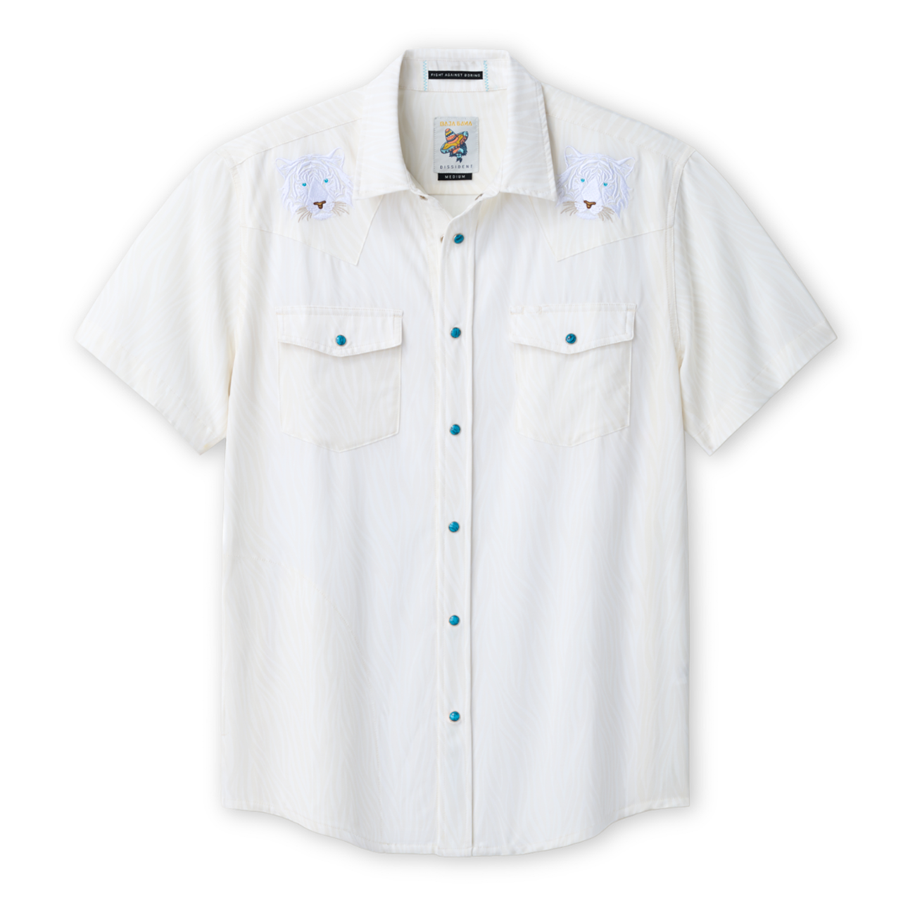 White short-sleeve shirt with tiger embroidered details on a white background