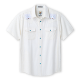 White short-sleeve shirt with tiger embroidered details on a white background