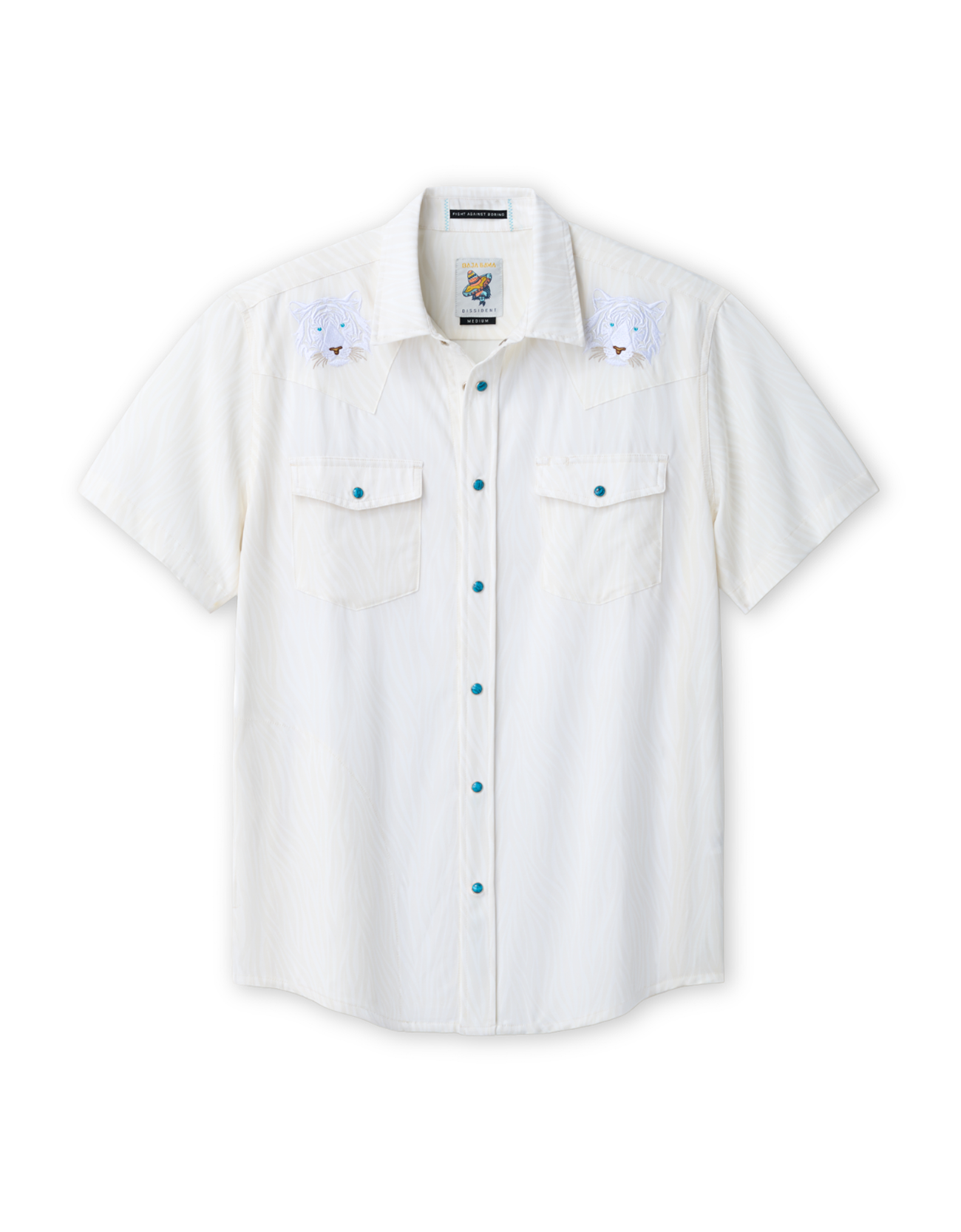 White short-sleeve shirt with tiger embroidered details on a white background