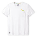 Front flat-lay view of the Baja Llama Thin Lizzy Pima Slub Pocket Tee, featuring a white crewneck t-shirt with a left chest pocket topped with a small embroidered green and yellow lizard.