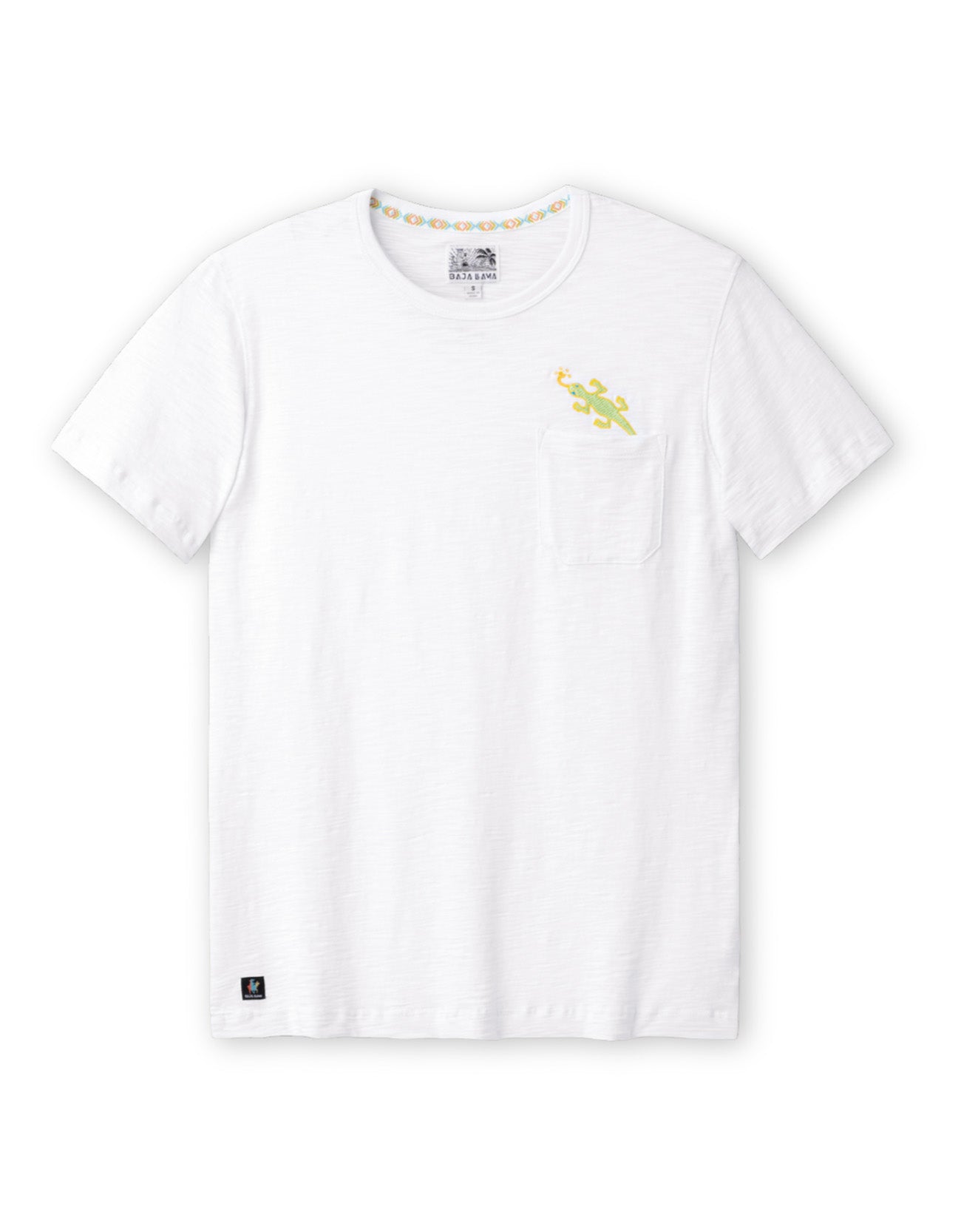 Front flat-lay view of the Baja Llama Thin Lizzy Pima Slub Pocket Tee, featuring a white crewneck t-shirt with a left chest pocket topped with a small embroidered green and yellow lizard.