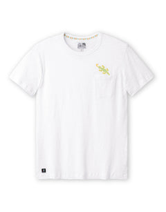 Front flat-lay view of the Baja Llama Thin Lizzy Pima Slub Pocket Tee, featuring a white crewneck t-shirt with a left chest pocket topped with a small embroidered green and yellow lizard.