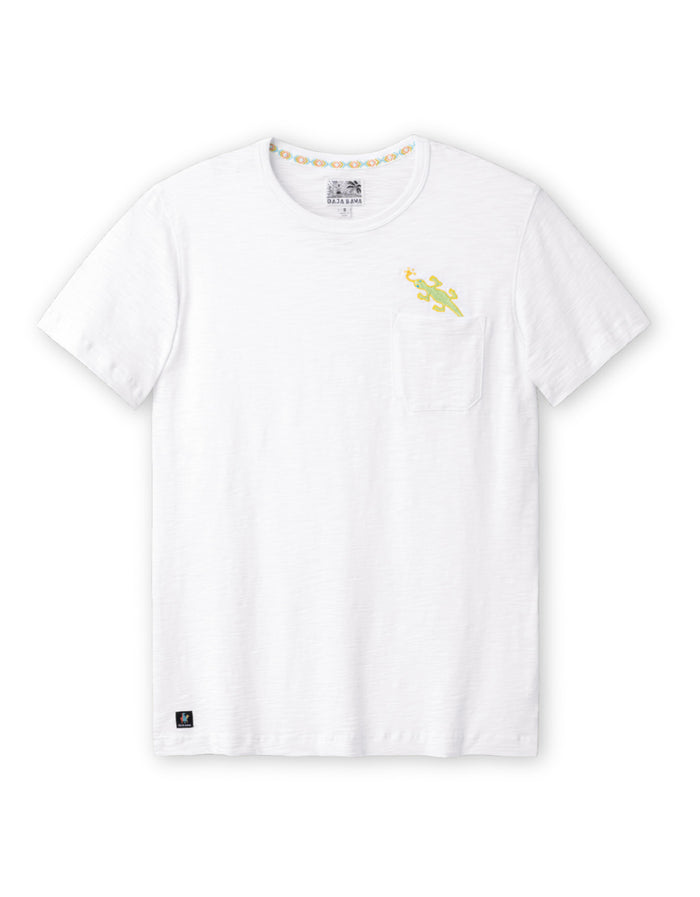 Front flat-lay view of the Baja Llama Thin Lizzy Pima Slub Pocket Tee, featuring a white crewneck t-shirt with a left chest pocket topped with a small embroidered green and yellow lizard.