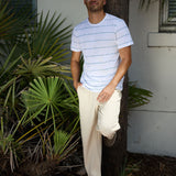 Baja Llama Ivory Morris Code Onassis Jacquard Tee styled with casual beige trousers outdoors