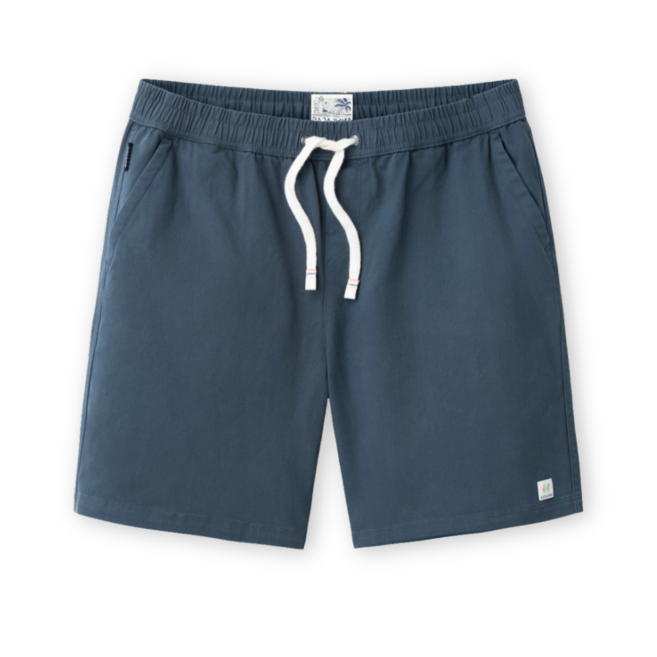 Baja Llama Too Easys dark slate stretch cotton shorts with elastic waistband and drawstring.