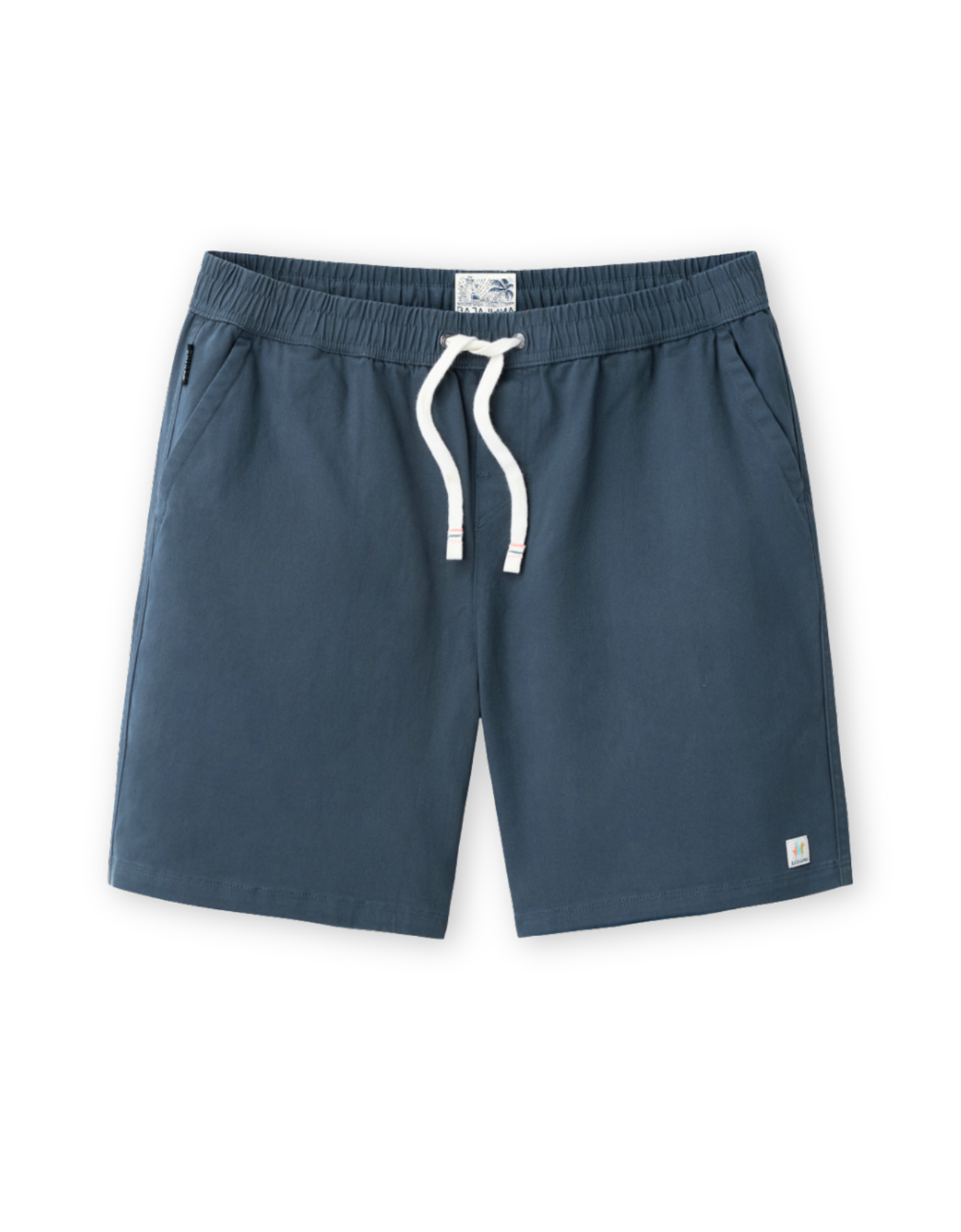 Baja Llama Too Easys dark slate stretch cotton shorts with elastic waistband and drawstring.