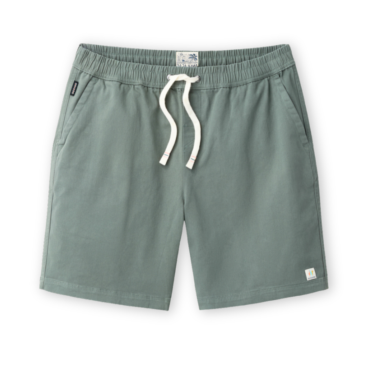 Baja Llama Too Easys seafoam green stretch cotton shorts with elastic waistband and drawstring.