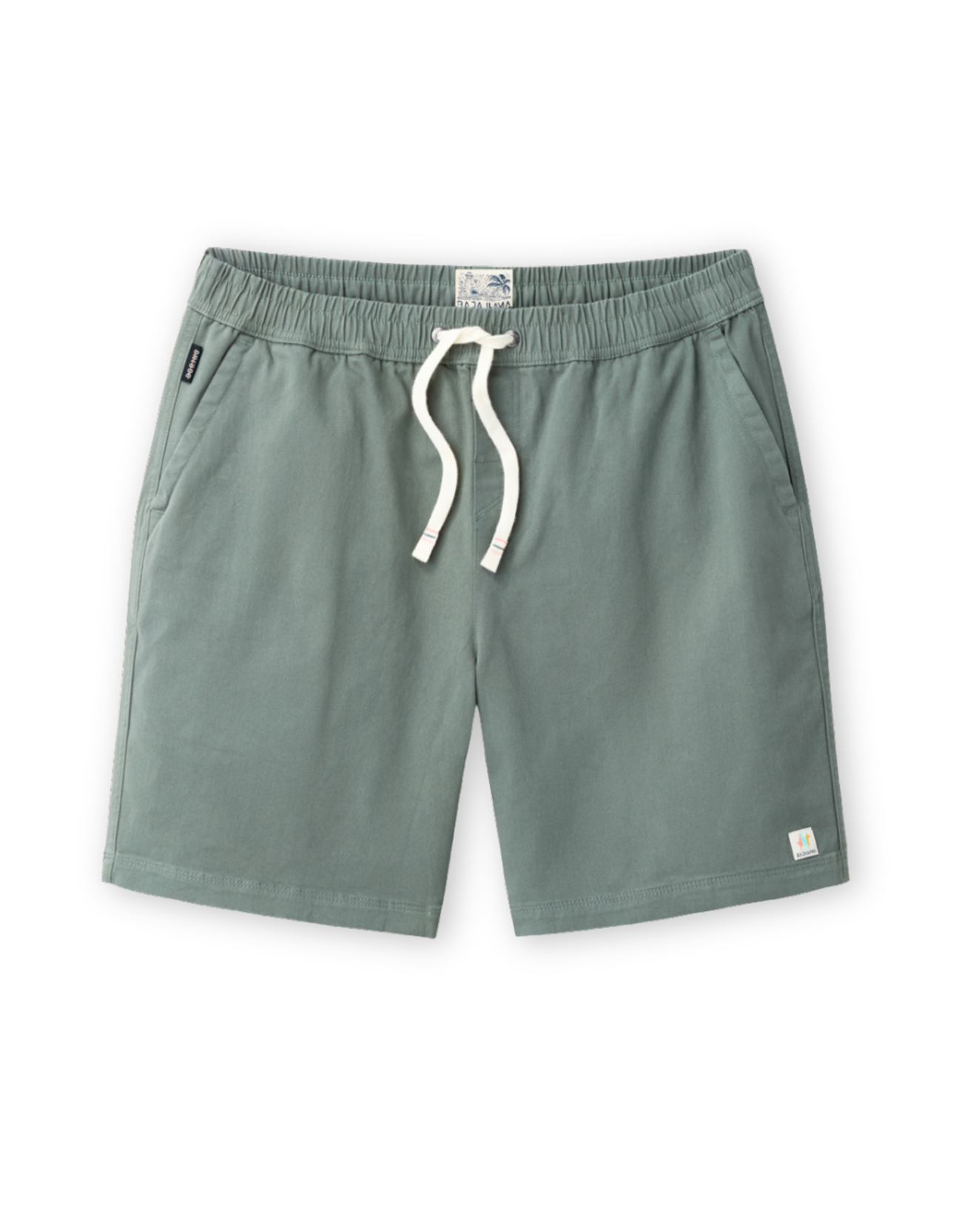 Baja Llama Too Easys seafoam green stretch cotton shorts with elastic waistband and drawstring.