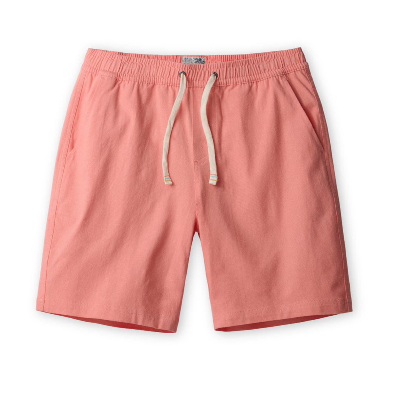 Coral pink linen shorts with a drawstring on a white background