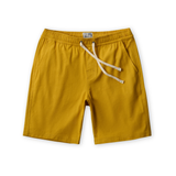 Mustard yellow shorts with a drawstring on a white background