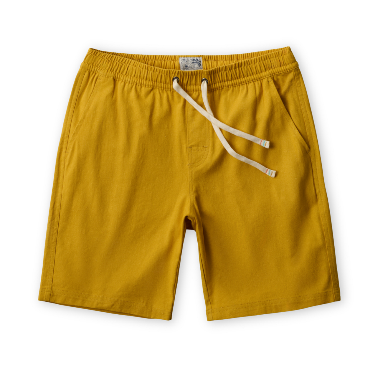 Mustard yellow linen shorts with a drawstring on a white background