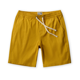 Mustard yellow linen shorts with a drawstring on a white background