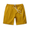 Mustard yellow linen shorts with a drawstring on a white background