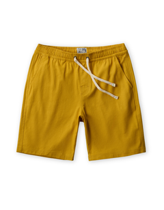 Mustard yellow linen shorts with a drawstring on a white background