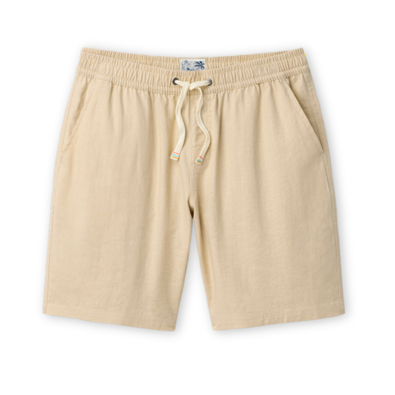 Baja Llama Too Breezys natural beige stretch linen shorts with an elastic drawstring waistband.