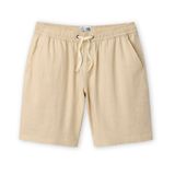 Baja Llama Too Breezys natural beige stretch linen shorts with an elastic drawstring waistband.