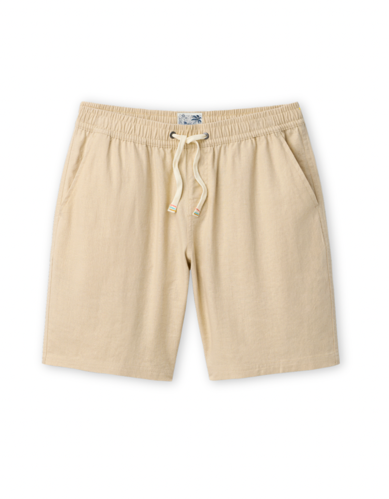 Baja Llama Too Breezys natural beige stretch linen shorts with an elastic drawstring waistband.