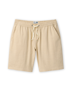 Baja Llama Too Breezys natural beige stretch linen shorts with an elastic drawstring waistband.