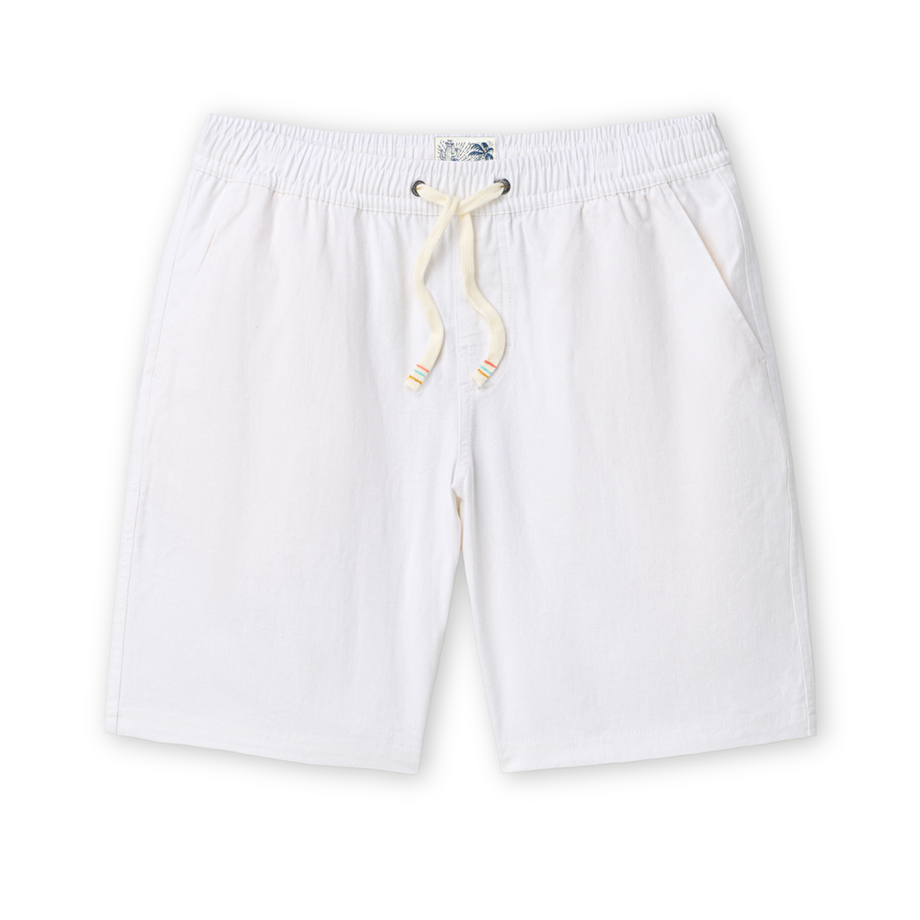 White linen shorts with a drawstring on a white background