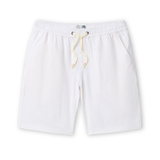 White linen shorts with a drawstring on a white background