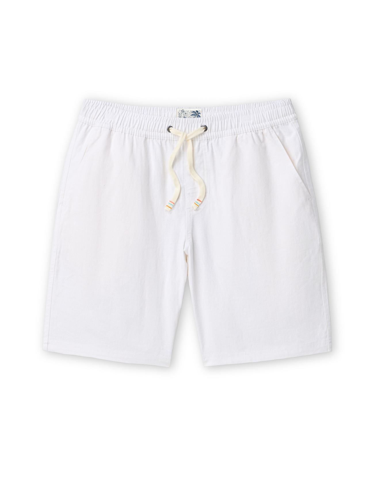 White linen shorts with a drawstring on a white background
