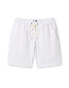White linen shorts with a drawstring on a white background