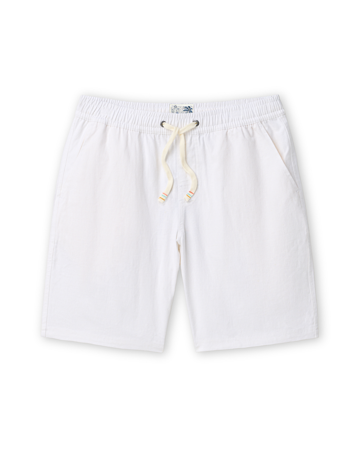 White linen shorts with a drawstring on a white background