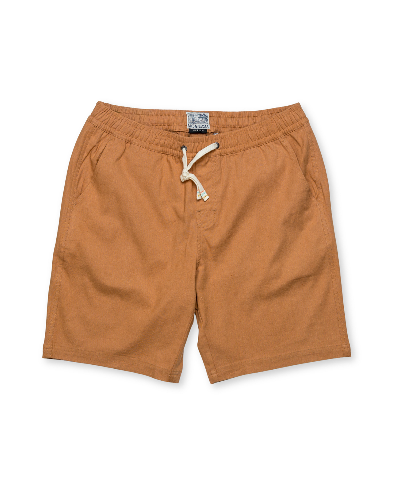 Terracotta Baja Llama linen shorts featuring a comfortable elastic waist and drawstring.