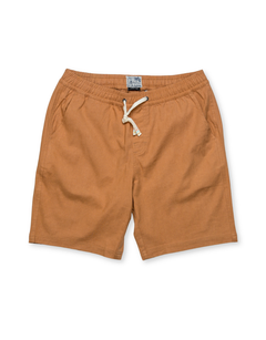 Terracotta Baja Llama linen shorts featuring a comfortable elastic waist and drawstring.