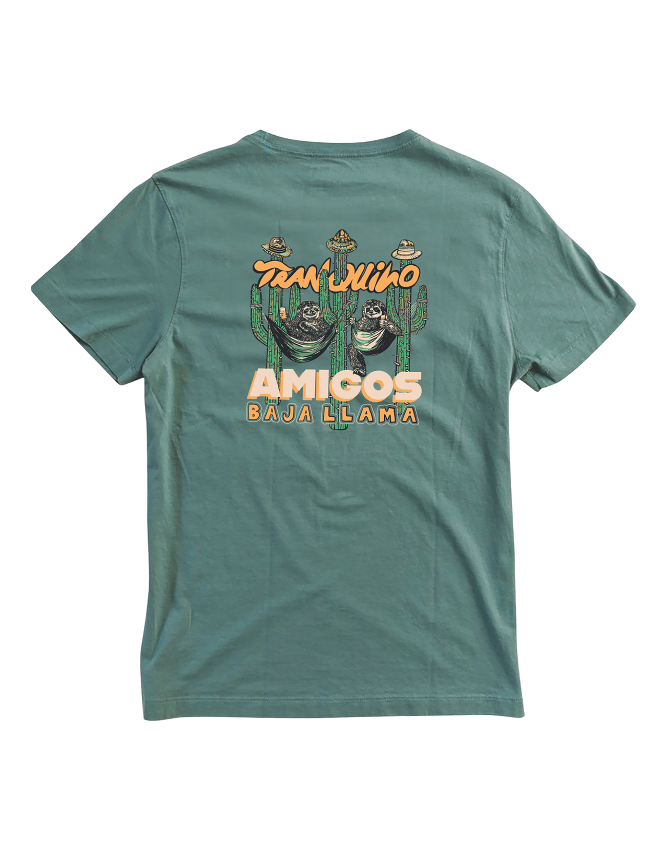 Green Baja Llama Tranquilo Amigos Primo Graphic Tee featuring a sloth and cactus back print.