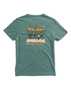 Green Baja Llama Tranquilo Amigos Primo Graphic Tee featuring a sloth and cactus back print.