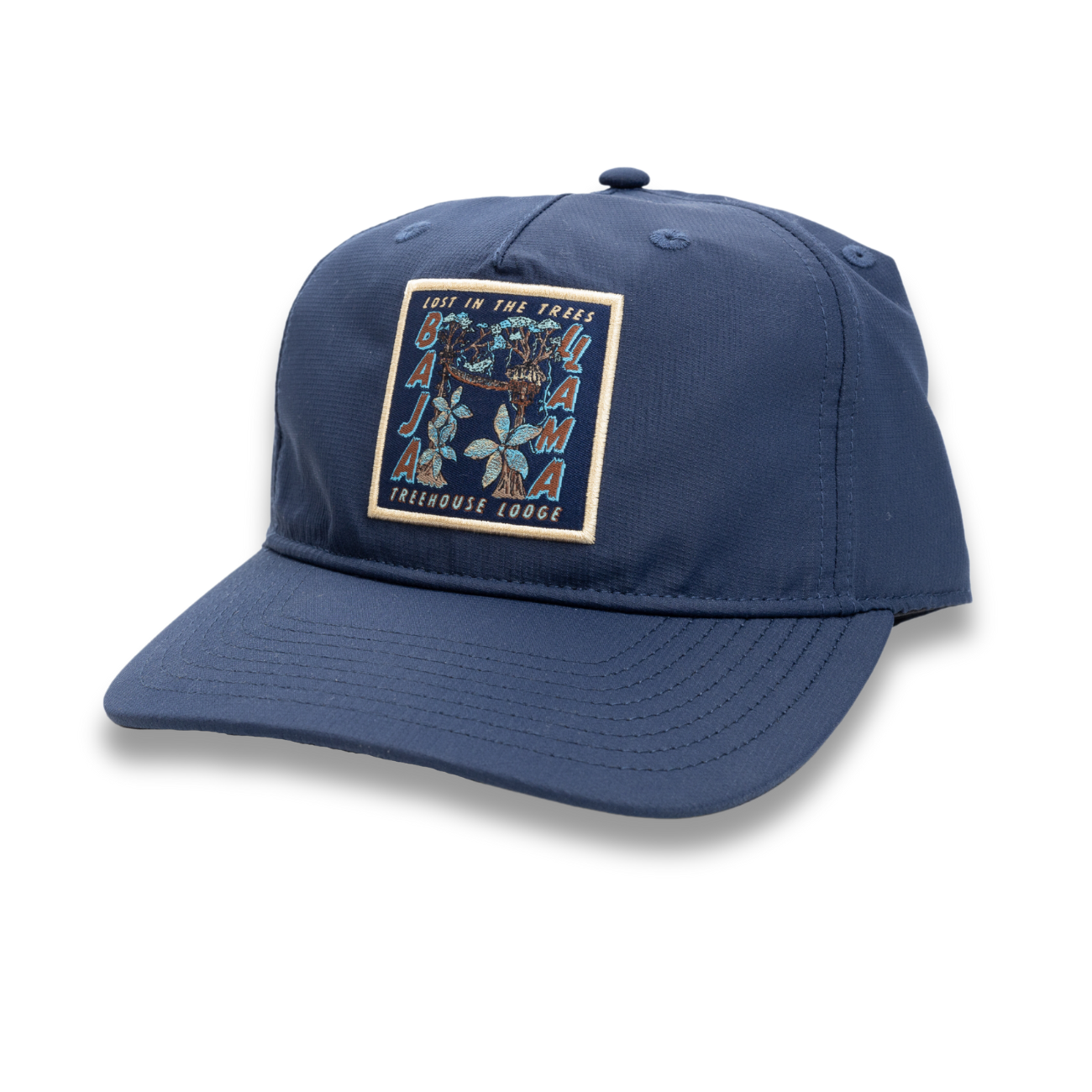 Navy treehouse lodge logo embroidered 5 panel performance hat