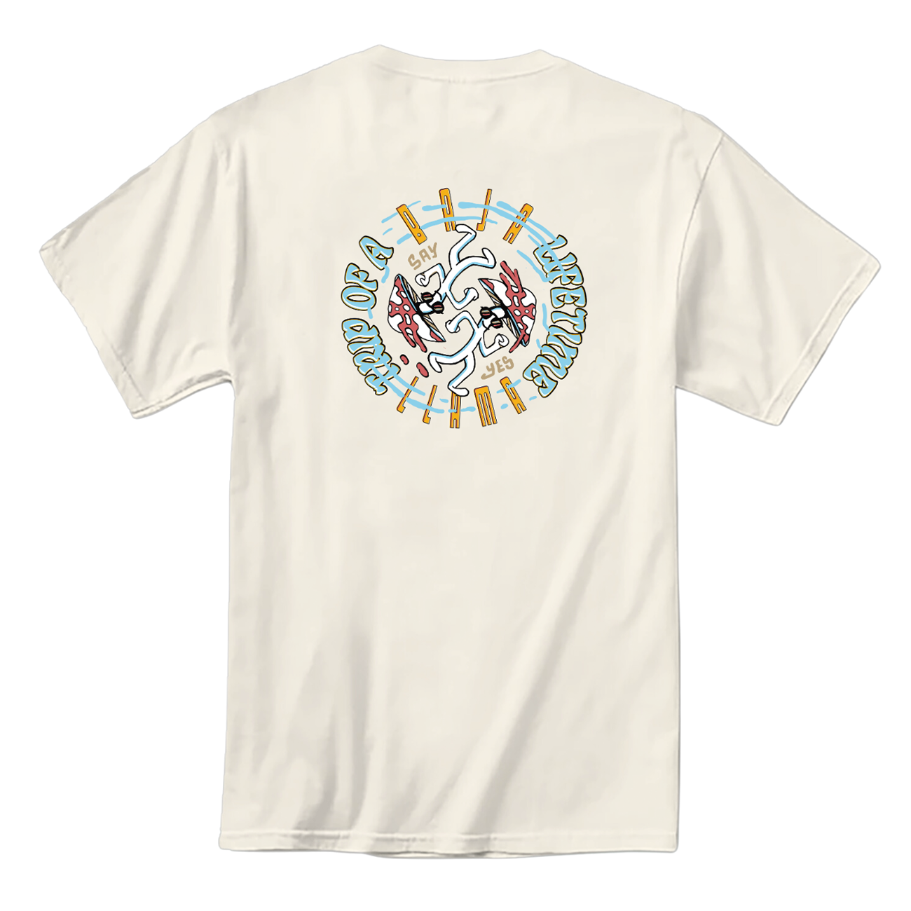 Back view of the off-white Baja Llama Trip in Circles Primo Graphic Tee featuring a circular mushroom and figure design.