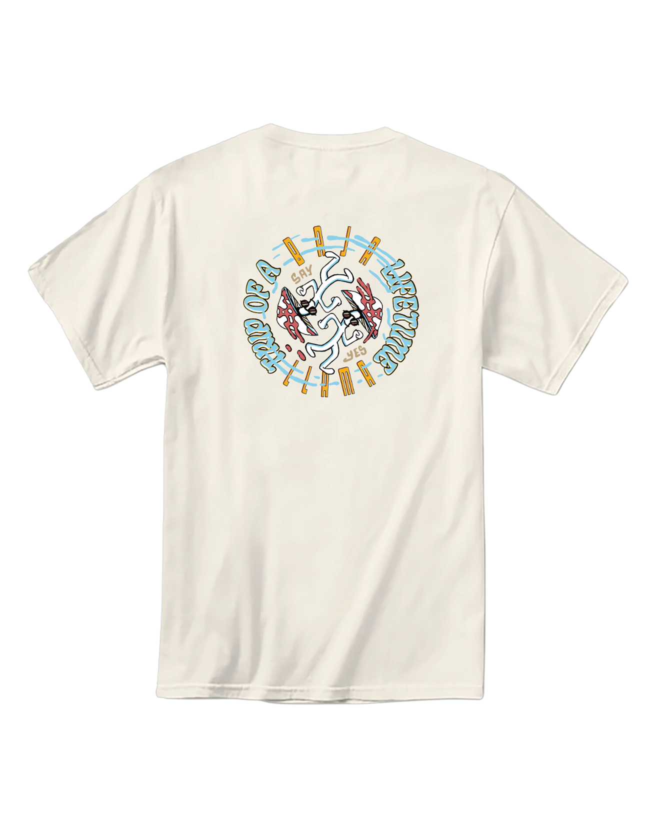 Back view of the off-white Baja Llama Trip in Circles Primo Graphic Tee featuring a circular mushroom and figure design.