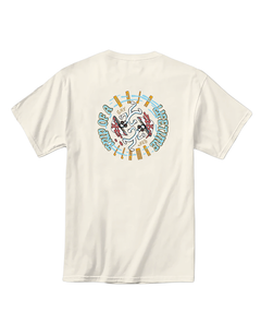 Back view of the off-white Baja Llama Trip in Circles Primo Graphic Tee featuring a circular mushroom and figure design.