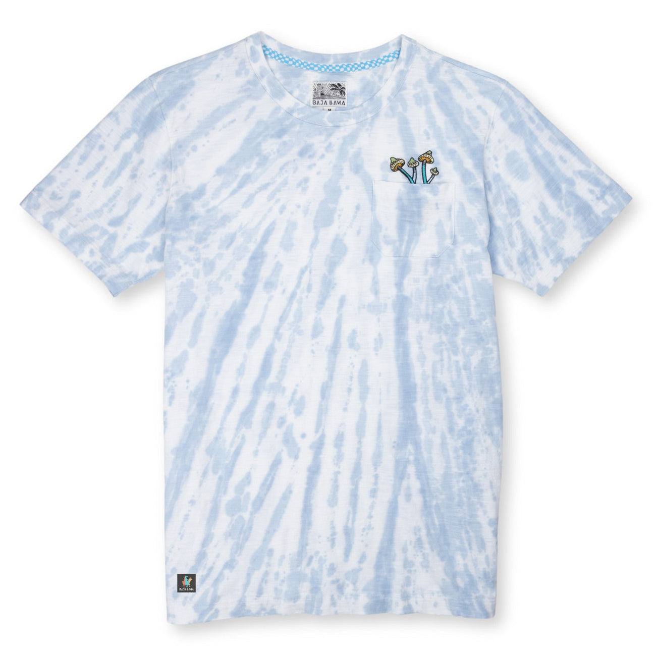 Front product view of the Baja Llama Trip of a Lifetime Slub Pima Pocket Tee, featuring a blue and white tie-dye pattern and a small mushroom emboidery on top of the chest pocket
