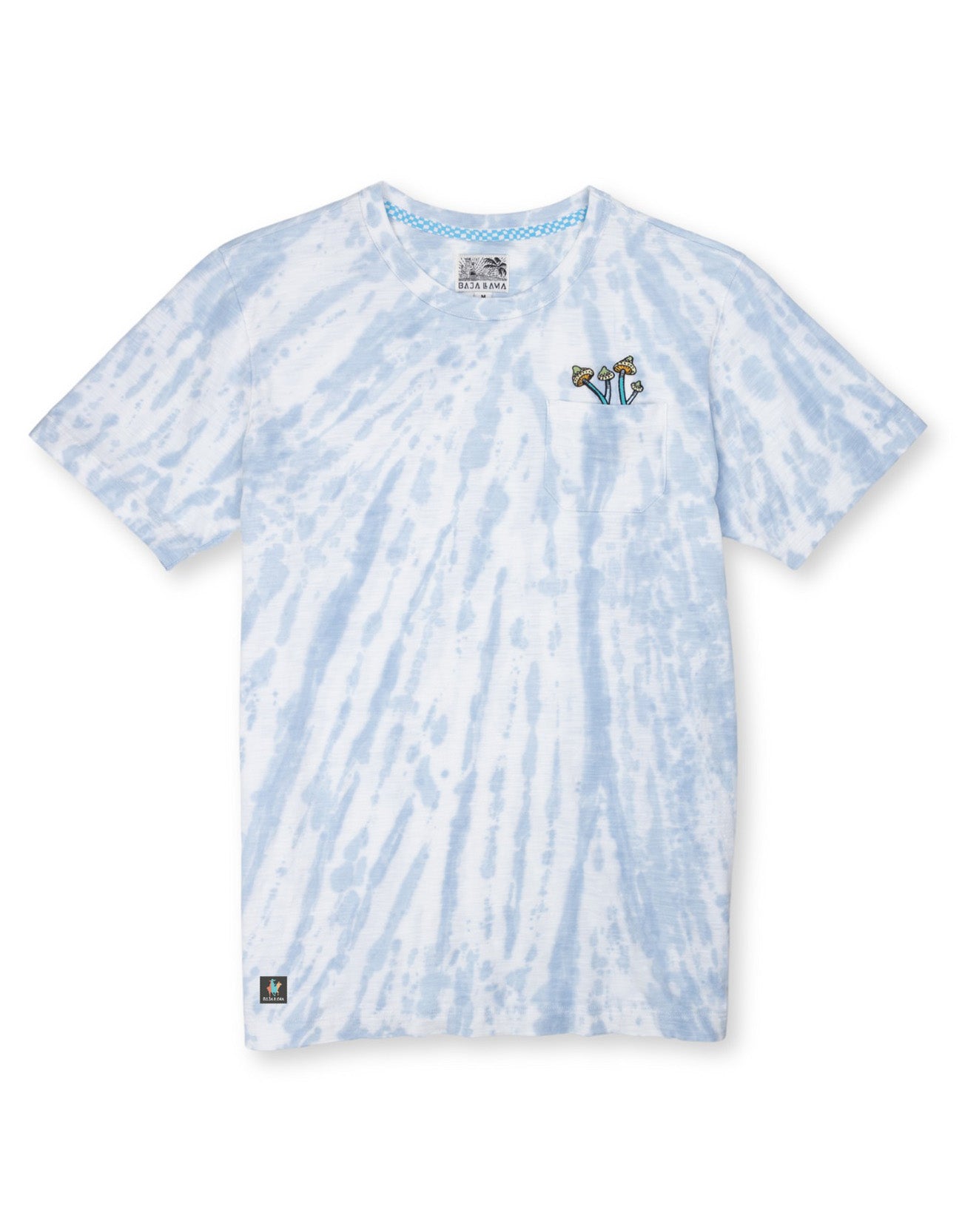 Front product view of the Baja Llama Trip of a Lifetime Slub Pima Pocket Tee, featuring a blue and white tie-dye pattern and a small mushroom emboidery on top of the chest pocket