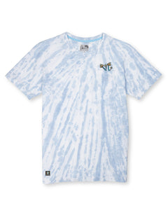 Front product view of the Baja Llama Trip of a Lifetime Slub Pima Pocket Tee, featuring a blue and white tie-dye pattern and a small mushroom emboidery on top of the chest pocket